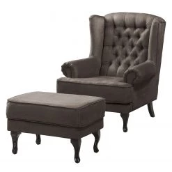 Maison Belfort Fauteuil à oreilles Miscol - Gris marron - Avec repose-pieds